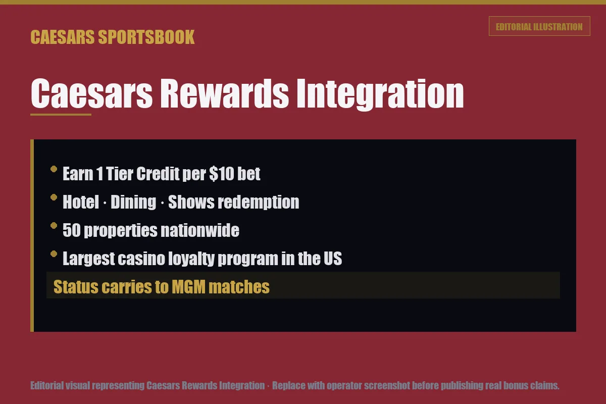 Editorial illustration showing Caesars Rewards integration earning Tier Credits per dollar wagered
