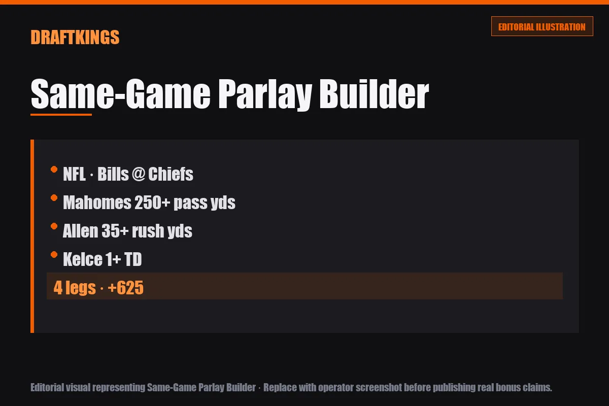 Editorial illustration showing DraftKings same-game parlay builder structure with a 4-leg NFL parlay at +625