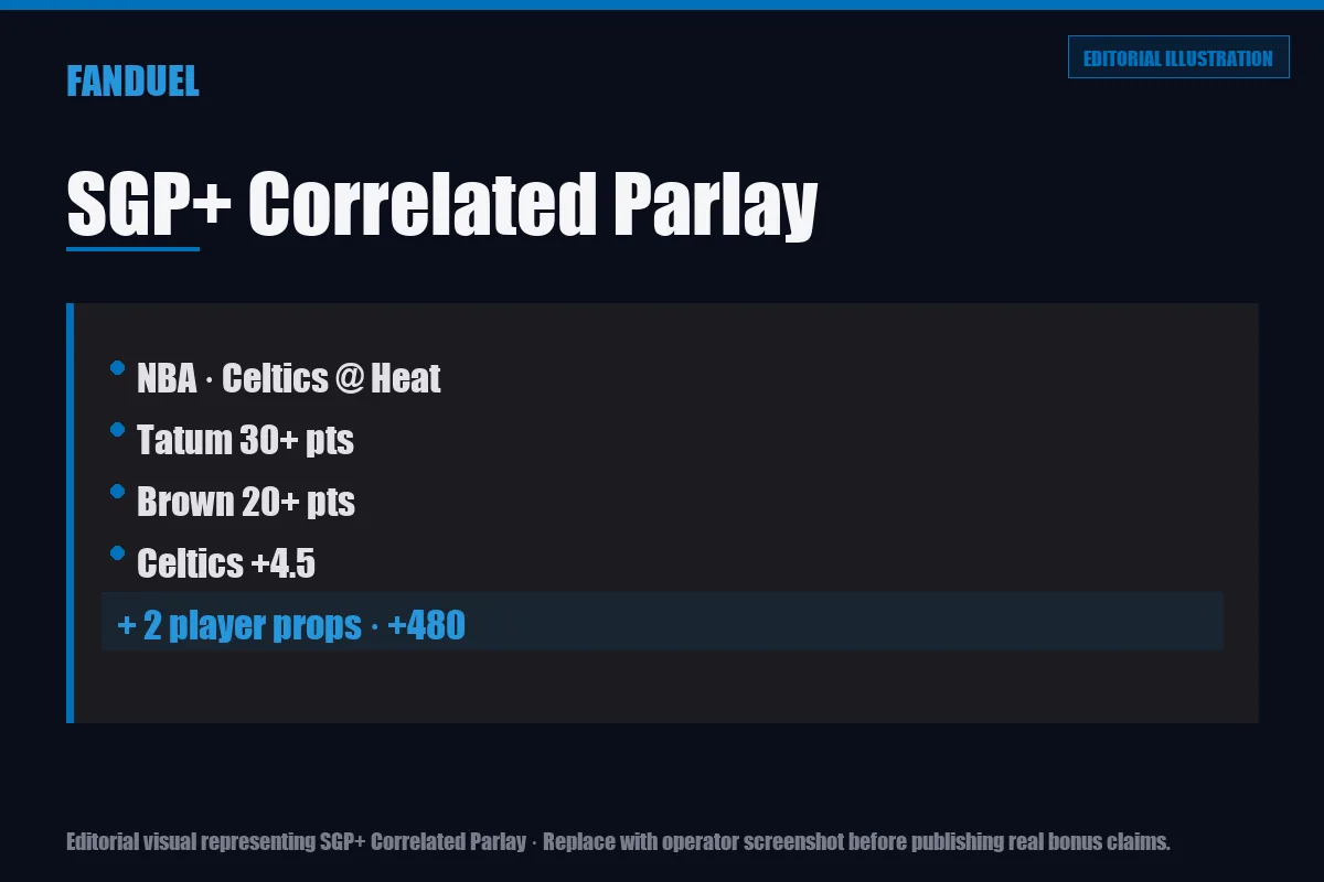 Editorial illustration showing FanDuel SGP+ correlated parlay structure with NBA legs at +480